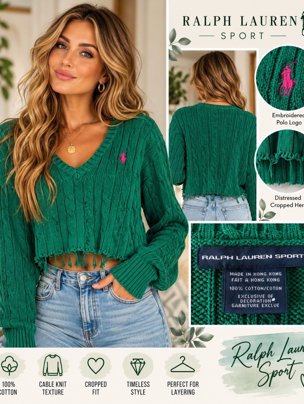 Ralph Lauren Green Cropped Cable-Knit V-Neck Sweater with Pink Polo Logo
